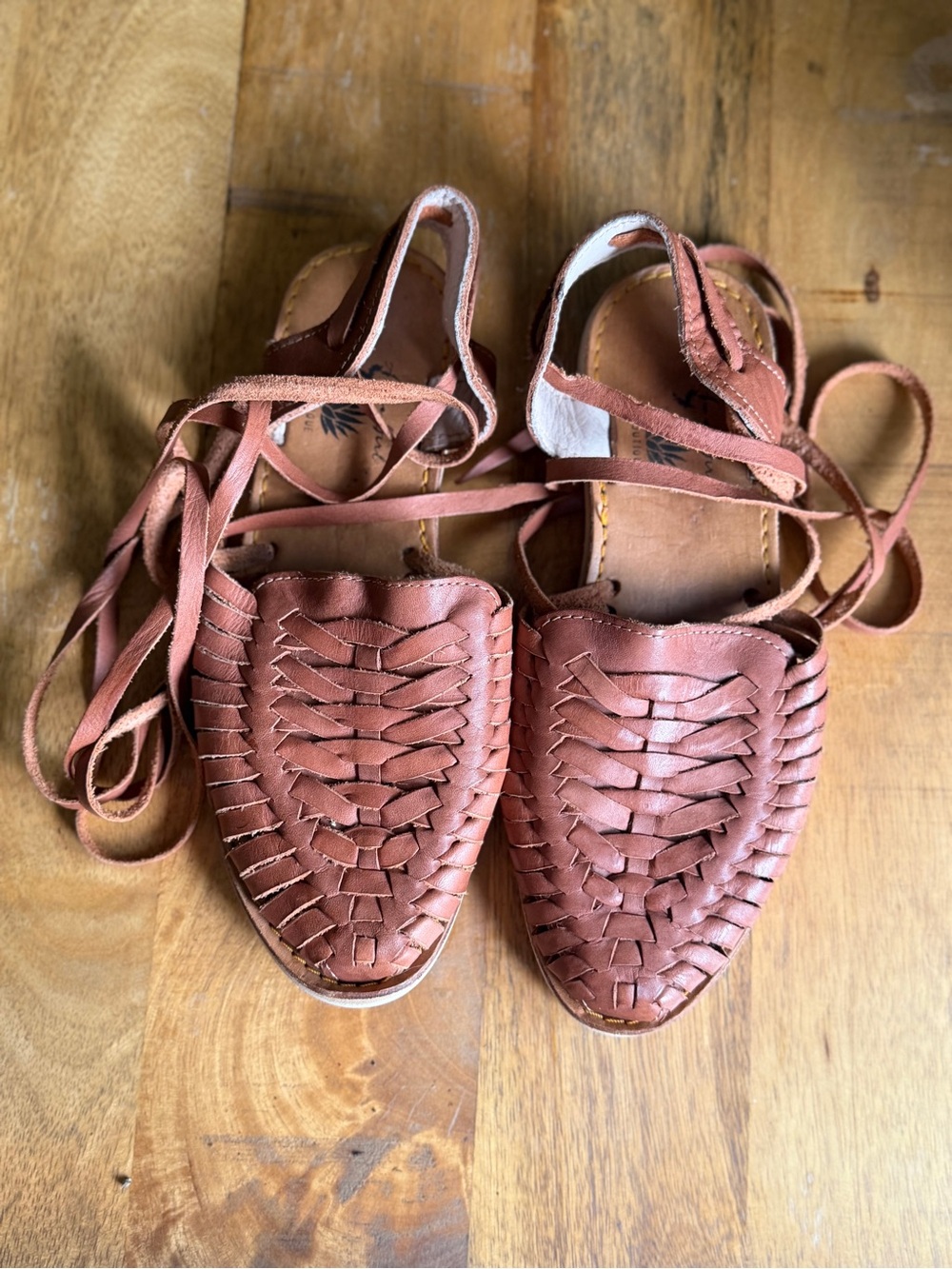 Artisanal Woven Leather Ankle Tie Sandals - Tan